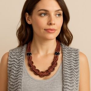 Vintage Twisted Beaded Necklace with Rust Wood & Black Accents – Boho Statement